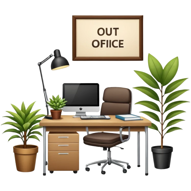 imagen de oficina con escritorio, silla, notebook, agenda y una plata con un cartel que diga FUERA DE OFICINA emoji