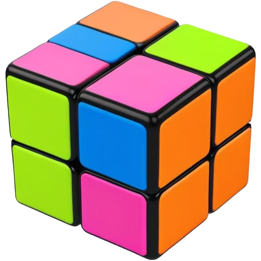 A 3x3 Rubik's Cube completely scrambled, with 90s American color palette, fluorescent orange, lime green, hot pink, electric blue, viewed from above emoji
