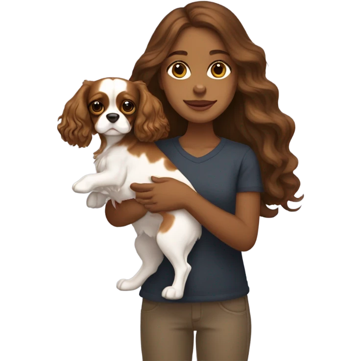  girl with long wavy brown hair, holding a brown and white cavalier King Charles spaniel dog with a pink bow on emoji