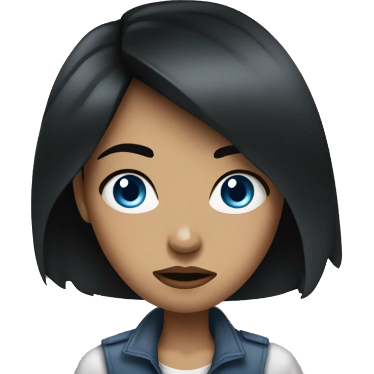 woman black hair blue eyes, look angry, street girl emoji