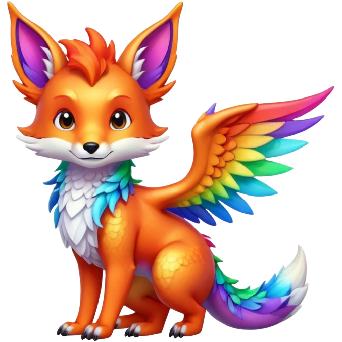 Animated Fox dragon hybrid with wings face front full body rainbow colored emoji