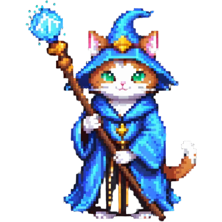 cat wizard with a magical staff and wizard robe emoji