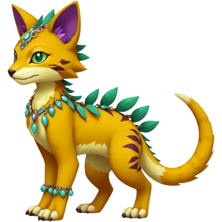 Kawaii cute reddish orangish yellowish greenish purplish exotic tribal beautiful pretty elegant divine edgy feline-vernid-sergal-Fakémon-Pokémon-Digimon-fursona-animal-creature with accessories, jewelries, full body, with intricate detailed markings emoji