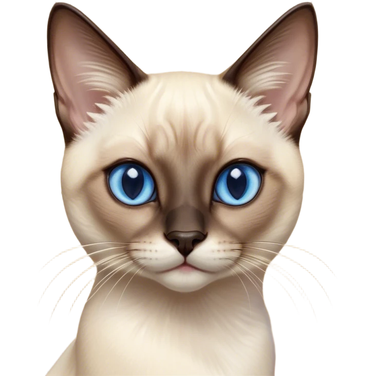 Cinematic Cute Siamese Cat Portrait Emoji, Head tilted playfully and inquisitively, sleek cream-colored fur with rich, contrasting dark points on the ears, face, paws, and tail, striking sapphire-blue eyes, Simplified yet irresistibly adorable features, highly detailed, glowing with a warm, friendly glow, high shine, affectionate and curious, stylized with a touch of whimsy, bright and endearing, soft glowing outline, capturing the essence of a mischievous yet loving kitten, so playful it feels like it could pounce out of the screen and into your arms! emoji