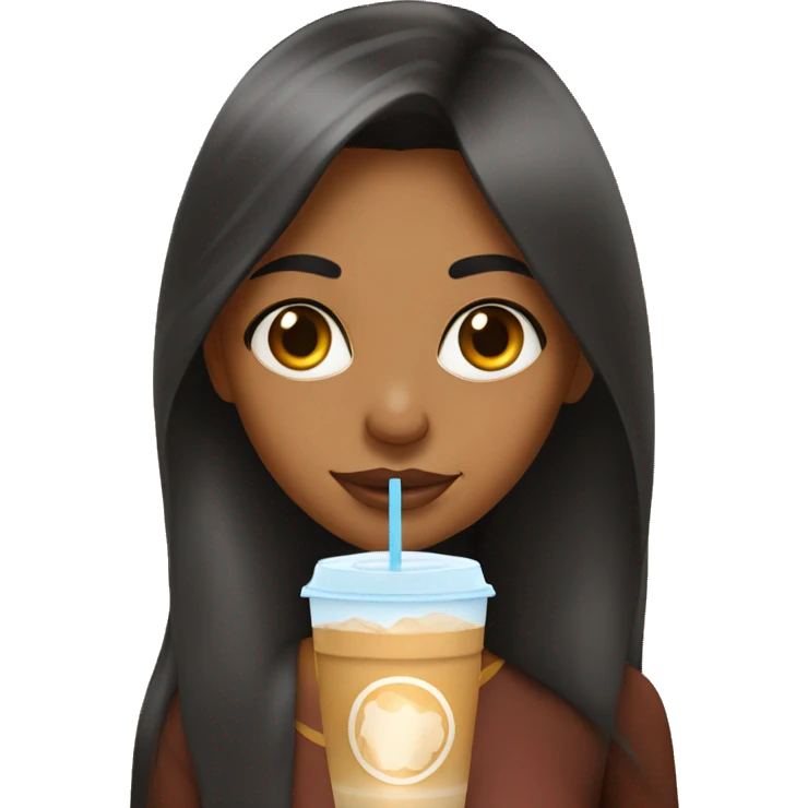 indian girl with caramel skin, long hair holding an iced coffee emoji