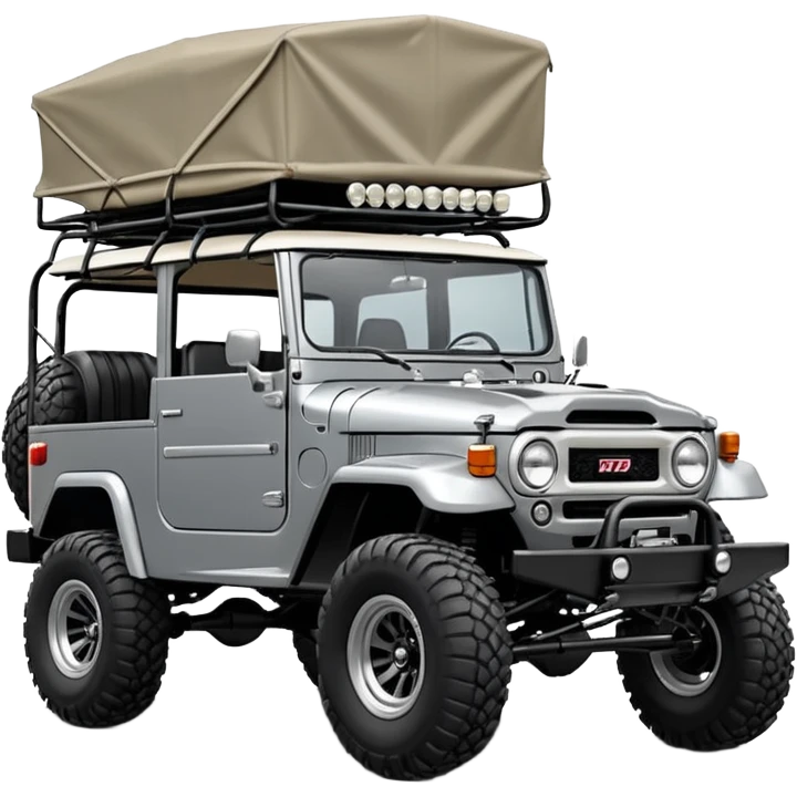 Well-equipped Off road Racing fj40 car whose frame and detailed suspension is made of shopping cart material with padded roll cage, huge roof rack, winch, and antique style handmade bodywork (survivalist style) emoji