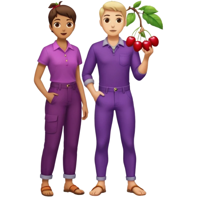 Can you merge the cherries 🍒 with 🍆 together they should hang on the body at the pocket part 🧍🏼. Together I also want to have this emoji 🧎🏻‍♀️‍➡️in front of me where she is looking at the cobbled together 🍒🍆 hanging on my pants emoji
