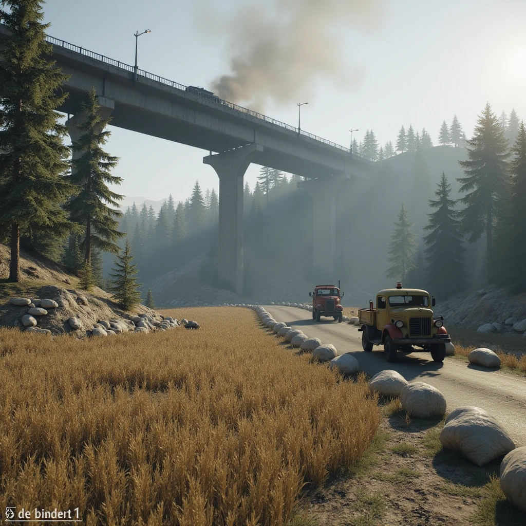  a screenshot of a location in a videogame  the image of the scene consists of: [a tall above-ground freeway collapsed], a wooded area, a small field of wheat, sandbag barricades. distant smoke. uneven terrain, derelict vintage work trucks, more distant smoke emoji