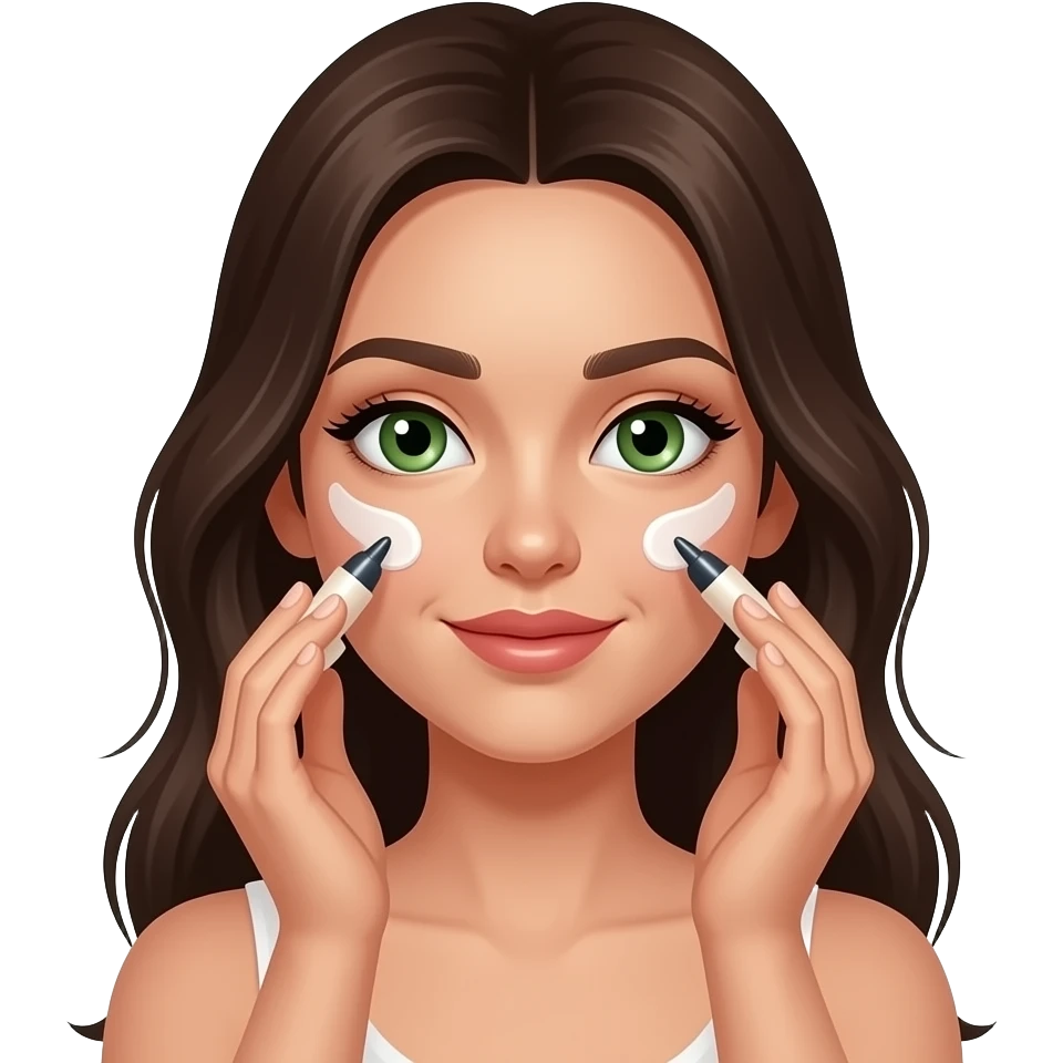 A brunette girl with long hair and green eyes is applying products to her face. emoji