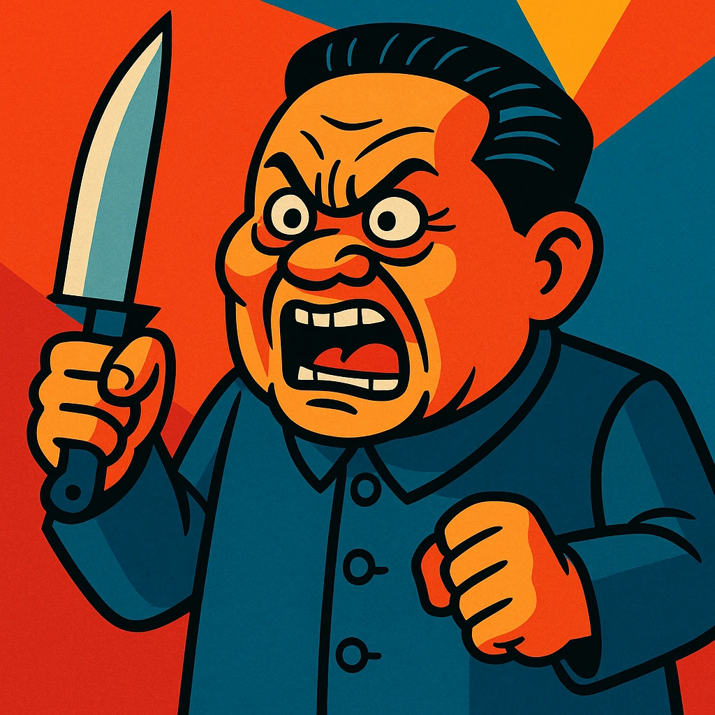 Deng Xiaoping as a cartoon villain, exaggerated angry expression, holding a knife, vibrant toon style emoji