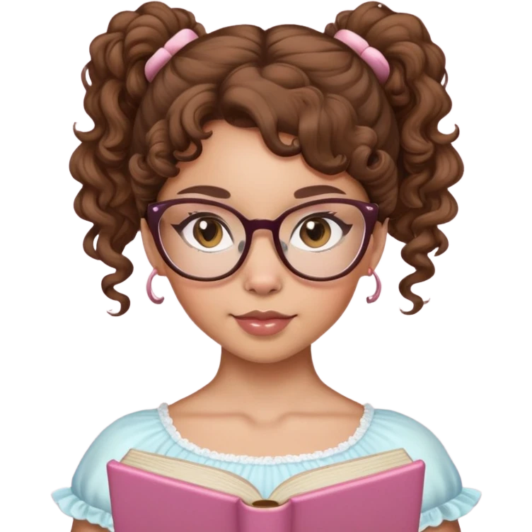 I want a iPhone emoji of a light skin girl, brown hair, curly ballerina ponytail, brown eyes and cat reading glasses  emoji