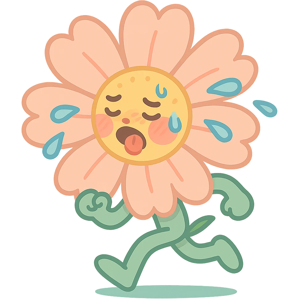 soft peach cosmos flower with a flushed, panting face doing exercise, sweat flying off in exaggerated style, gentle pastel palette, vibrant-toon style emoji