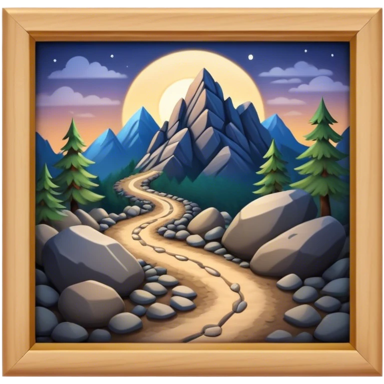 mountain 2 crossroads trails with rocks  two trails—one illuminated,, and one in darkness, representing reaction.  emoji