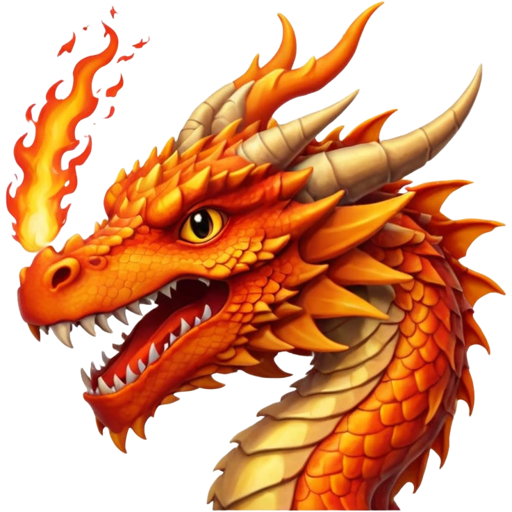 Fire dragon breathing, with an orange sunset background, detailed, digital emoji