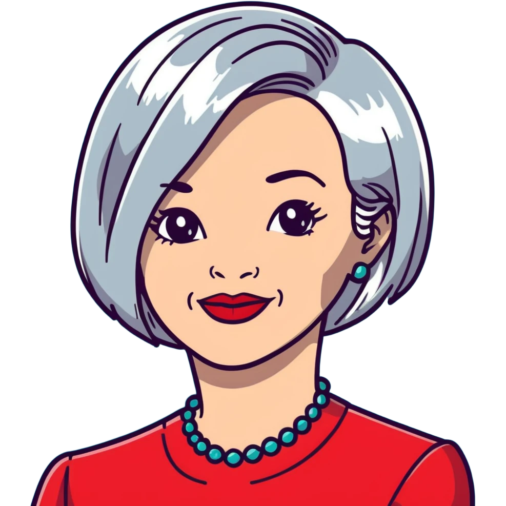 Elegant older woman with silver-gray bob haircut, light skin, almond eyes, red lipstick, red blouse, sophisticated warm smile emoji