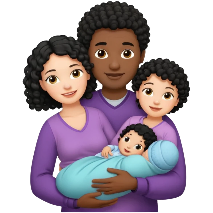 family: white woman curly black hair, black man with short black frizz hair, one 2 y o daughter mixed skin color , and a newborn in the and of the mother emoji