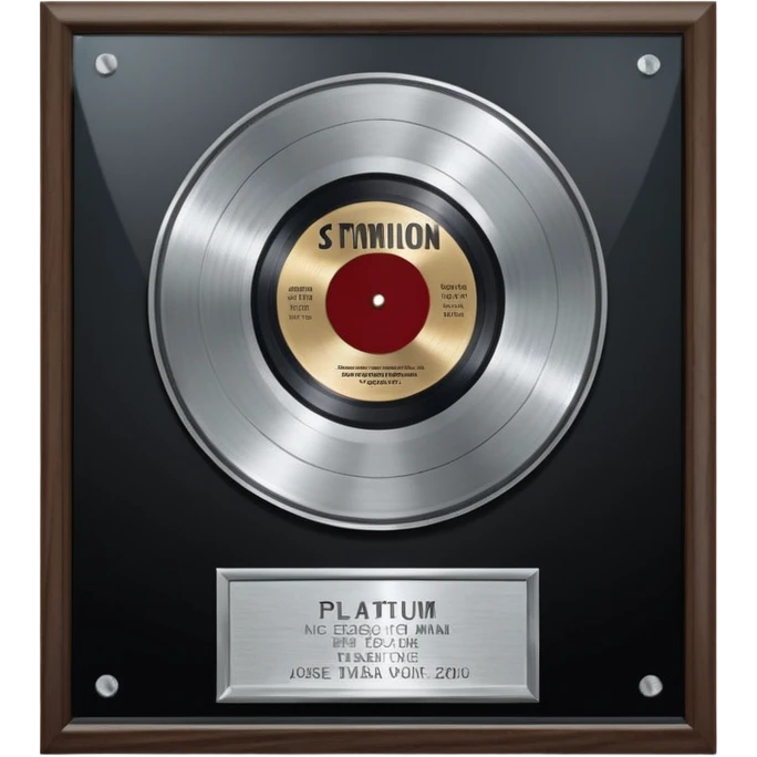 A platinum music award plaque: a square, polished platinum plate with a subtly textured, mirror-like finish, mounted on a simple dark wood base. The center features a relief of a or stylized vinyl record in a slightly darker metallic tone.  emoji