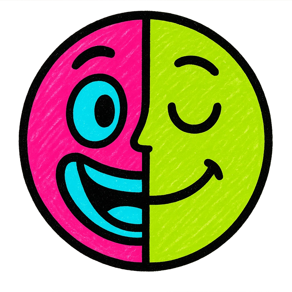 colorful split-faced emoji, one half excited and red, the other half calm and green, vibrant style emoji