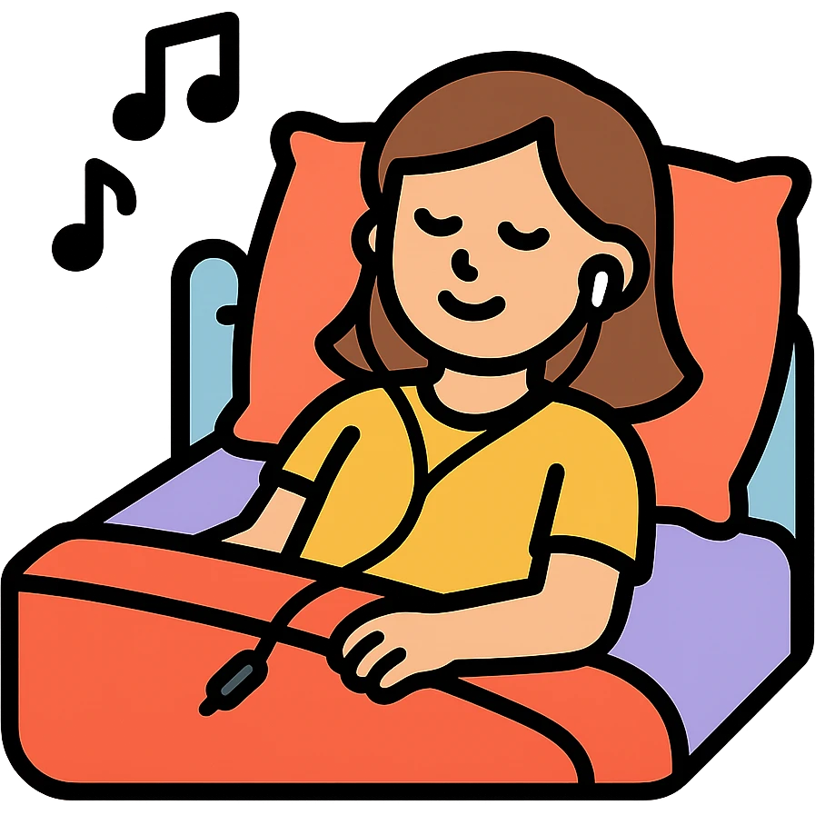girl lying on bed comfortably listening to music with wired earphones emoji