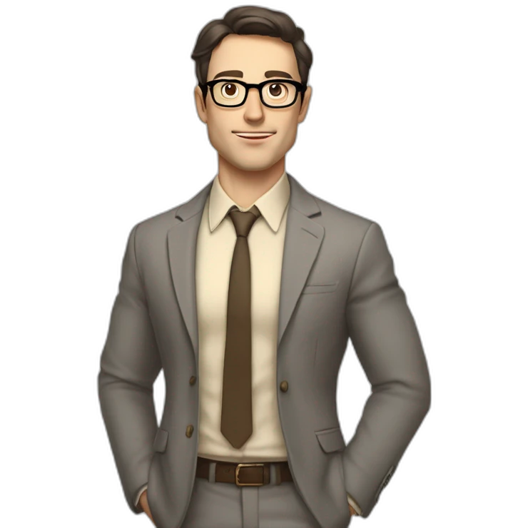 Full height Pale skinned Fit Man With dark brown hair in gray jacket, beige office shirt, tie, Brown pants and vintage glasses. Thrumbs of his palms directed up emoji