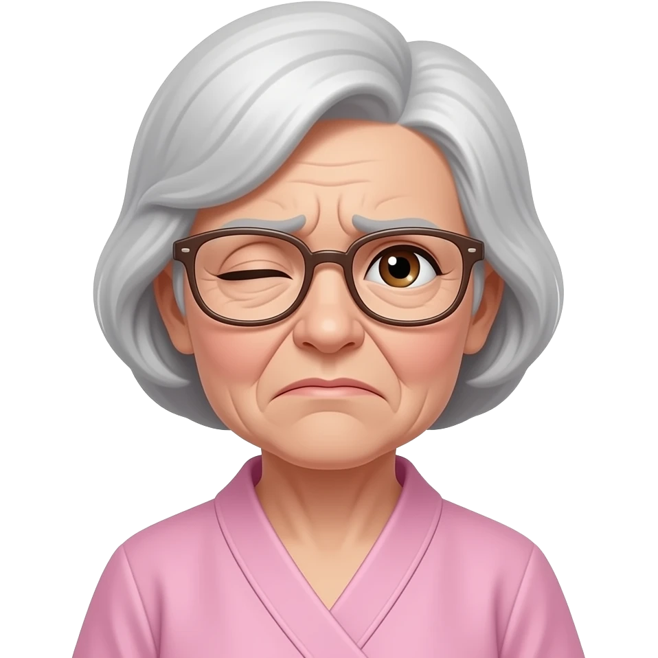 create an 72 year old dutch female patient with glasses one eye closed more than the other, frown and brown eyes and pink gown emoji