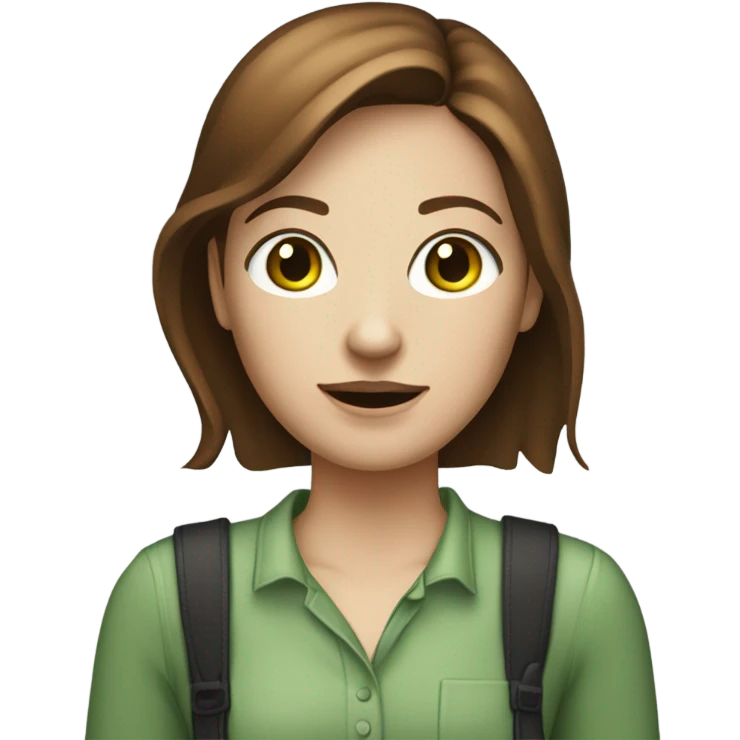 Web designer carrying a pc in her hands. white woman with medium-length brown hair, green eyes and freckles on her nose. emoji