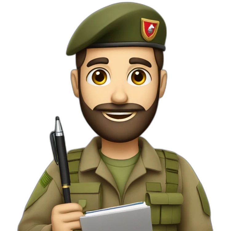 brown bearded IDF soldier happy holding notebook and pen emoji