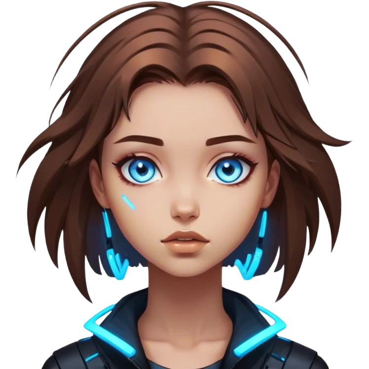 Neon cyberpunk style 
girl with brown hair and blue eyes 
falls emoji