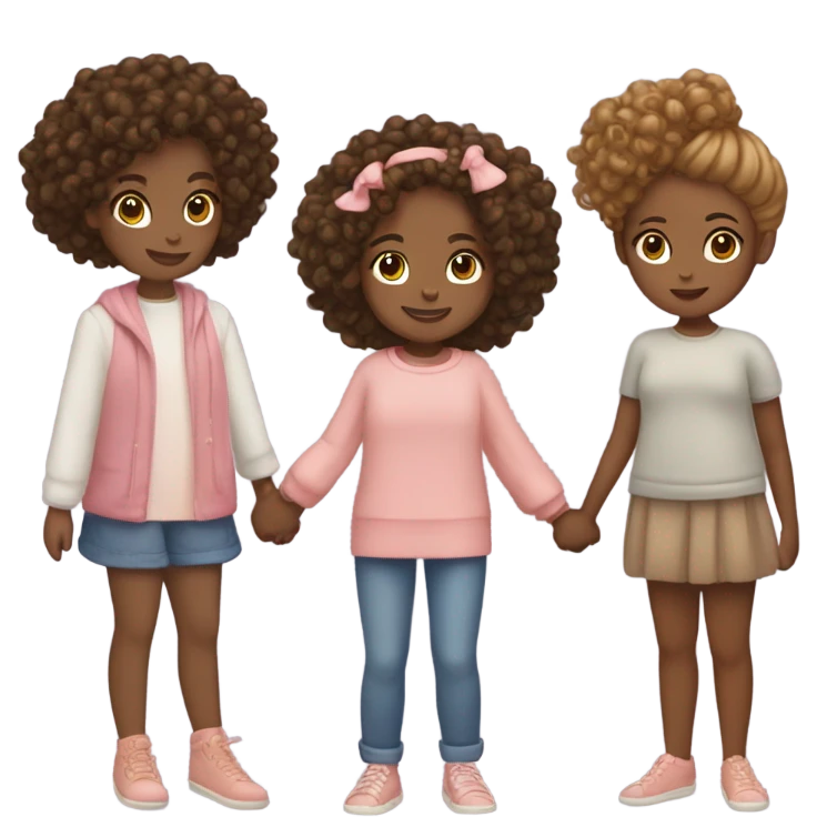 Full body, Two girls holding hands one brown skin one Carmel skin  one  with a curly bun and one feminine with curly hair emoji