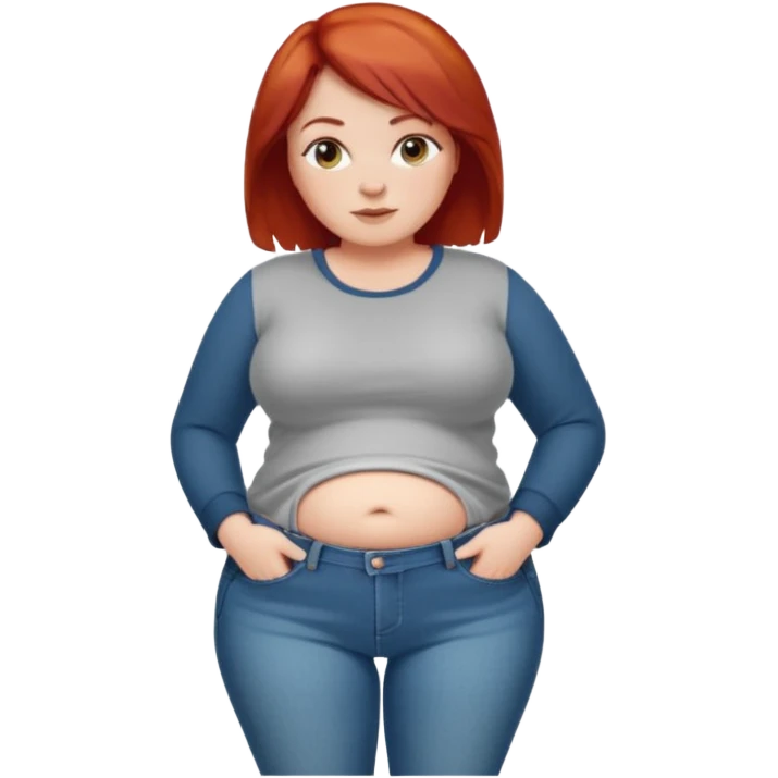 Lazy old Short woman with straight short red hair and fat tummy..wears jeams and full sleeve  tshirt emoji