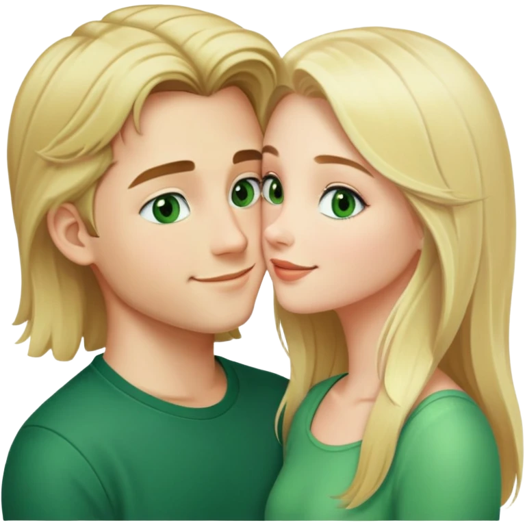 Smiling kissing couple of blonde girl with long hair green eyes. And a boy with black short hair and green eyes emoji