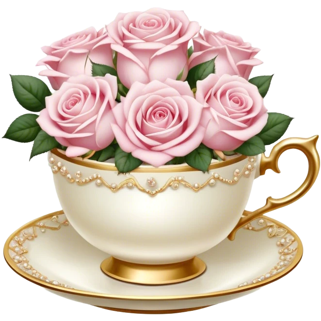 Elegant arrangement of pale pink roses in a pearl teacup with gold trim, vintage-style. emoji
