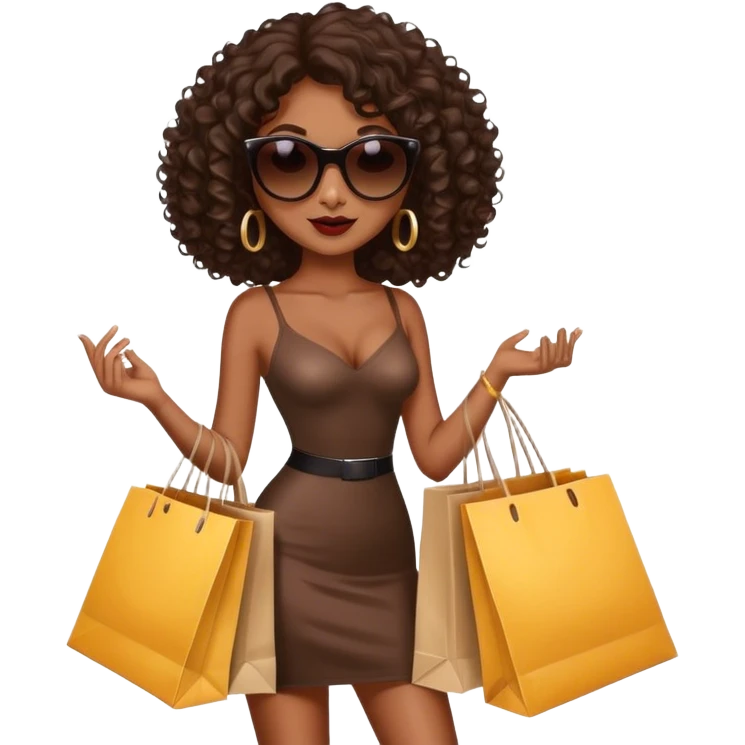 Rich dark brown girl with dark brown mid-length curly hair expensive retail shopping bags and sunglasses emoji