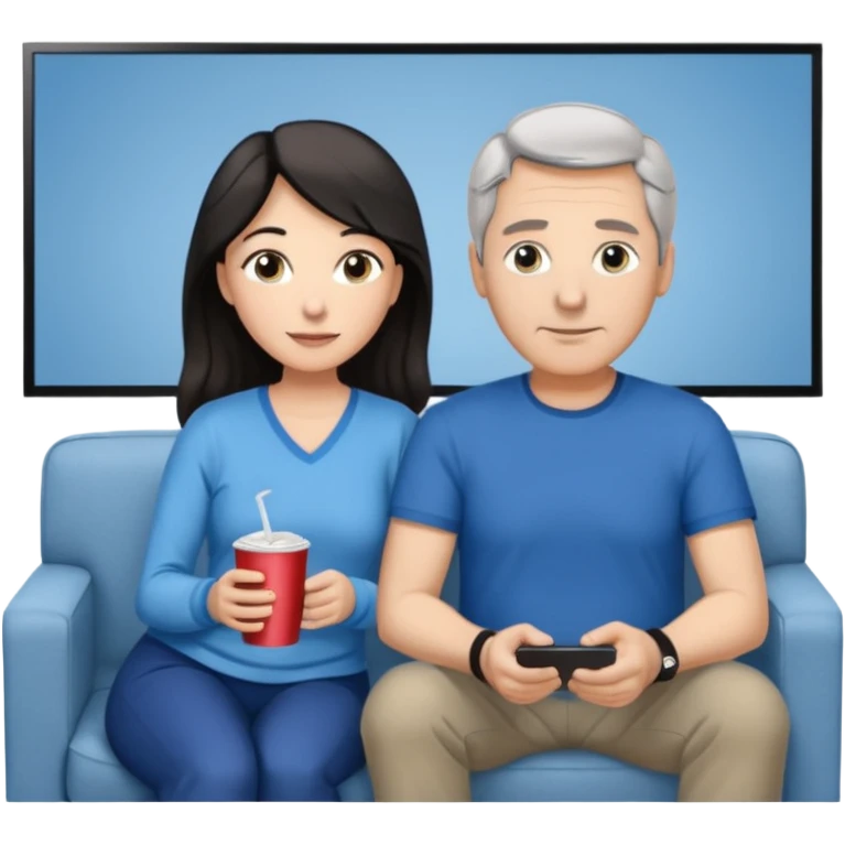 middle-aged couple Watches a movie in the living room • Physical description: • man: brown eyes; very short grayish-black hair • woman: Long wavy silver grayish-brown hair tied in a ponytail; blue eyes emoji