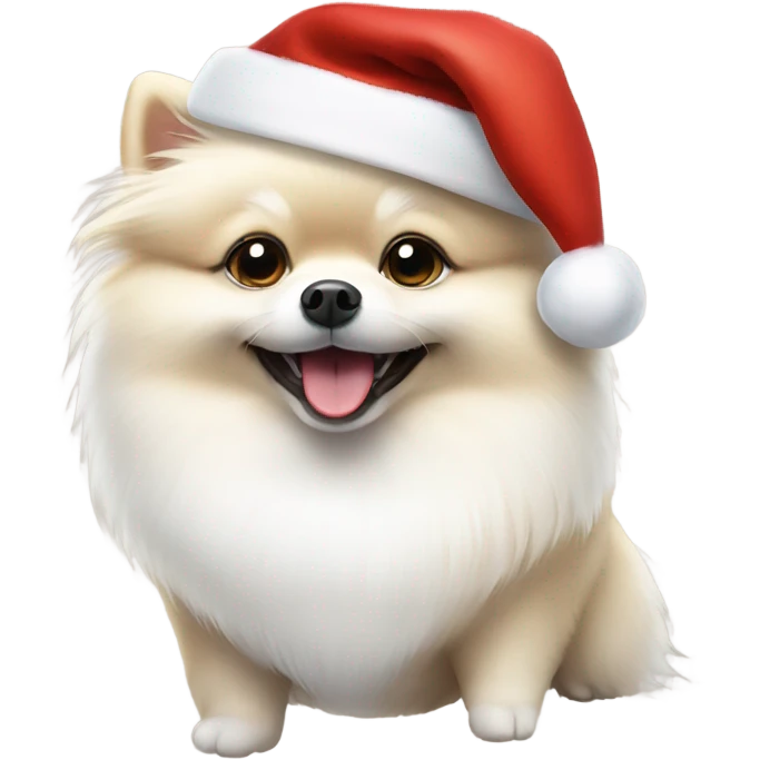 white pomeranian dog smiling with a christmas hat emoji