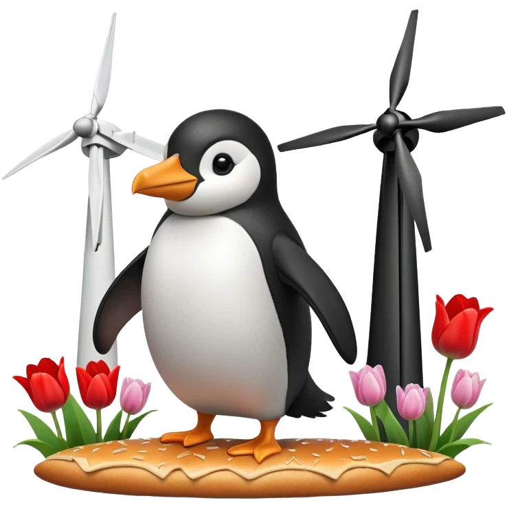 penguin with a hamburger in its beak, soaring above windmills and tulip fields emoji