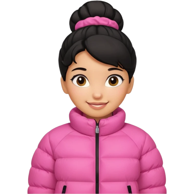 A caramel skinned girl that’s has puffy black hair with her hair up skinny and wears a pink puffer coat emoji