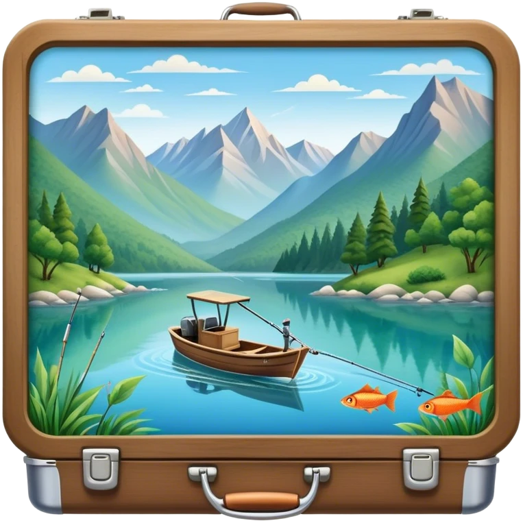 Icon for Fishing Travel: a boat on a calm lake surrounded by mountains and lush greenery, with fish jumping out of the water, a fishing rod, tackle box. The icon should capture the peaceful and adventurous nature of fishing trips. Transparent background. emoji