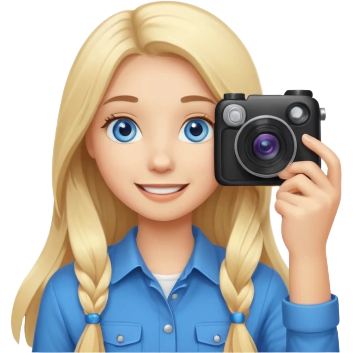  blue eyes blonde girl photographer cartoon taking picture in middle of taking picture camera in front of face long hair smiling funny flash professiona emoji