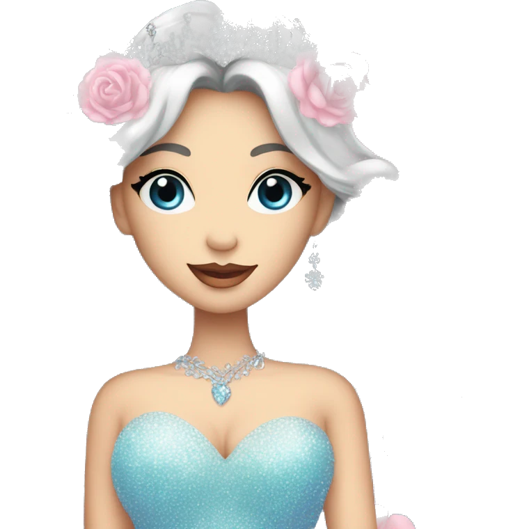 Gorgeous pastel Lady with black hair blue eyes in a sparkly shiny dress with tiara and necklace and flowers behind her and trending  emoji