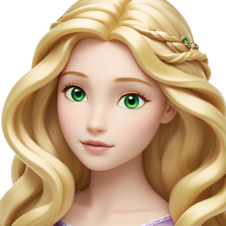 Cinematic Realistic Rapunzel Portrait, with porcelain-like skin featuring a subtle, natural glow, illuminated by soft lighting that brings out the gentle contours of her face. Her long, golden blonde hair cascades in detailed waves, each strand highlighted with a radiant shimmer as it catches the light. Her bright, expressive green eyes exude curiosity and warmth, framed by delicate lashes and soft, arched brows. Her expression is playful and vibrant, with a gentle smile. She is dressed in her classic lavender and pink gown, the fabric textured with delicate folds that flow naturally, catching the light with a soft, radiant glow. The portrait captures a luminous, enchanting aura, seamlessly blending realism with a whimsical, fairytale charm, evoking a timeless sense of beauty and magic. emoji