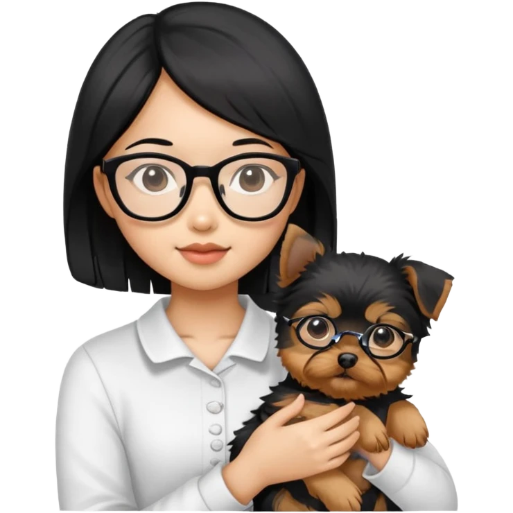A black Asian haired girl wearing glasses, holding a Yorkshire terrier puppy emoji