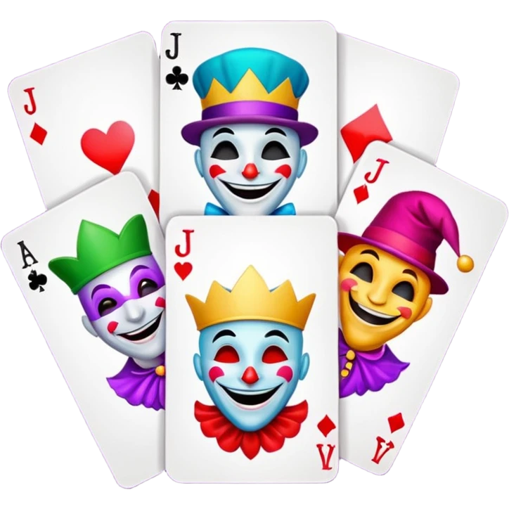 bunch of 3 poker cards, with crazy colorful human jolly jokers inside, inversed face emoji