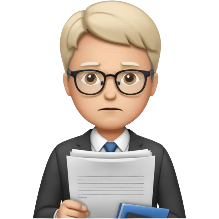 Frowns with Glasses, Office Boss: Business outfit, holding papers, frowning behind glasses, serious look
 emoji