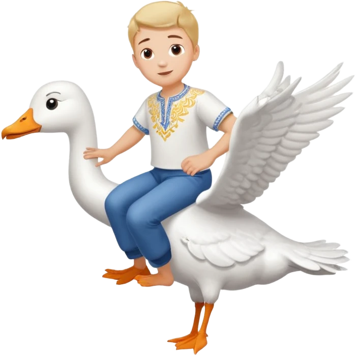 A boy in a Ukrainian white embroidered shirt flies on a white goose emoji