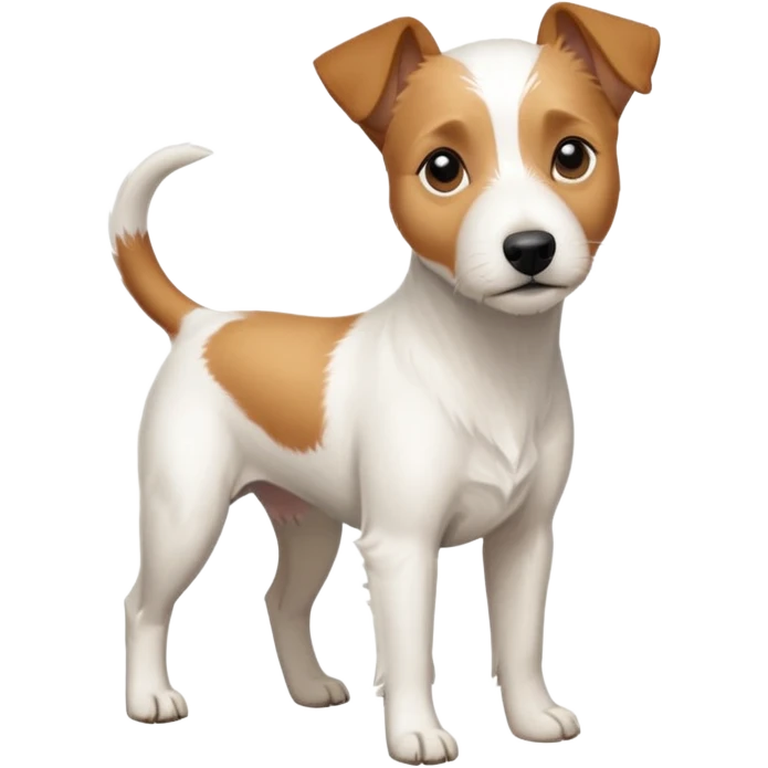 a full body slightly chubby white parson russell terrier looking dog the size of a kelpie with light brown long ears and a light brown patch on one eye and a large snout emoji