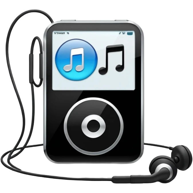 Futuristic iPod emoji with earphones, metallic black and white, smooth reflective surfaces, flat minimal vector design, clean UI style emoji
