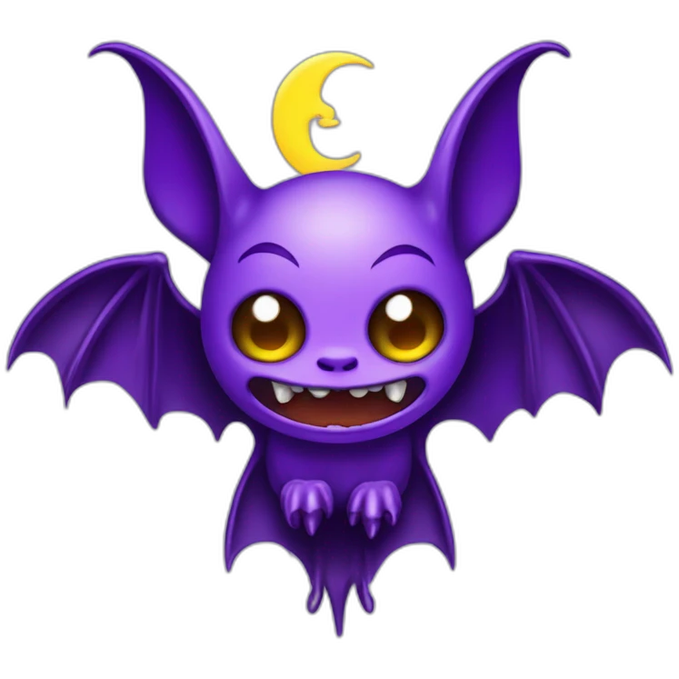 purple and black mad face vampire bat cartoon sparkle eyes wings flying in front of large dripping crescent moon emoji