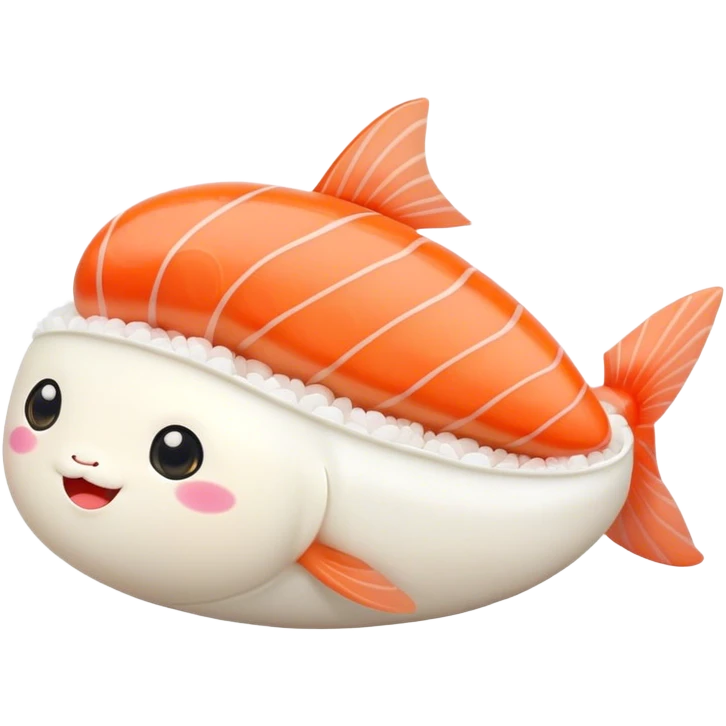Cute Kawaii Nigiri Sushi, plump and happy, a soft white rice pillow topped with bright orange salmon, tiny blushing cheeks, big round eyes, a joyful floating expression! emoji