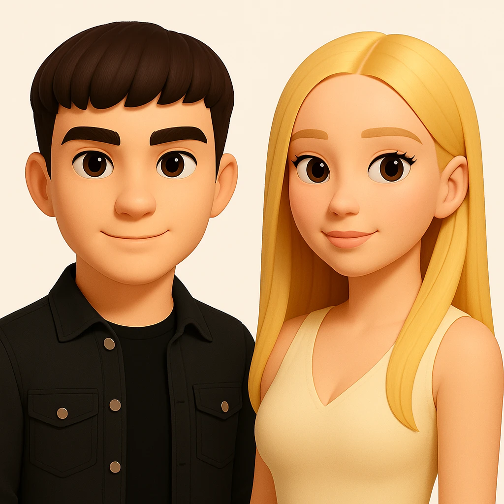 Slightly increase the volume of the upper body of the girl, separate the girl and the boy from each other, and make the skin color the same for both characters. Maintain the cartoon style and keep the background clean. The original style is cartoonish, so keep the edited image in a similar cartoon style with a clean background. emoji